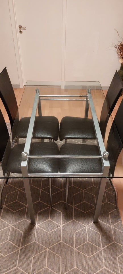 Spisebord m/stole, Glass og læder, TEMPERED GLASS