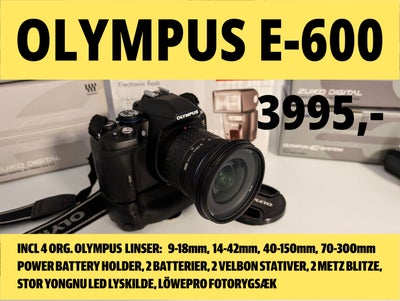 Olympus, e-600, God, 4 OBJEKTIVER, 2 STORE BLITZs, LED LYS; 2 STATIVER, TASKE

Kamera
Olympus e-600 