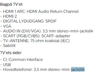Tv med satmodtager, Philips 22PFS4232/12.
Strøm
- Strømstik: AC 220-240 V +/-10 %
- Strømkabel: 12 v