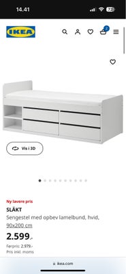 Sengeramme, Ikea Släkt, b: 90 l: 200 h: 71, SLÄKT Sengestel med opbevaring og lamelbund, hvid, 90x20