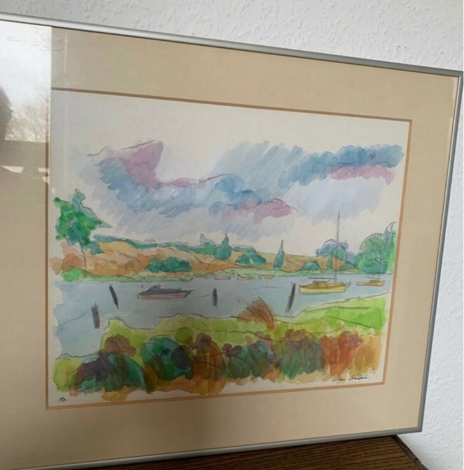 Akvarel, Birger Stokholm, motiv: Ellebæk fjord