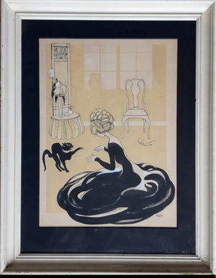 Akvarel, Axel Nygaard, b: 46 h: 59, Skønt værk af Axel Nygaard: Boudoir med sort kat og kvinde i sor