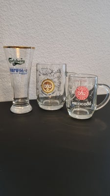 Glas, Ølglas EM 84, VM 86 og EM 96, Originale DBU/Carlsberg, 3 flotte originale ølglas/krus fra hhv.