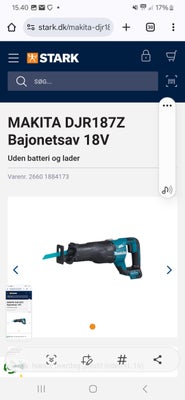 Bajonetsav, MAKITA DJR187Z Bajonetsav 18V, Ca 6 mdr gammel.står som ny
Nypris 2000kr