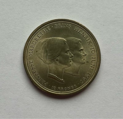 Danmark, mønter, 10 kr, 1967, 1967, 10 kroner, bryllups mønt, prinsesse Margrethe og prins Henriks b
