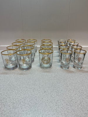 Glas, Likør og shot glas, 20 Stk. Likør og shot glas med logo i guld fra Reserveofficersforening i D