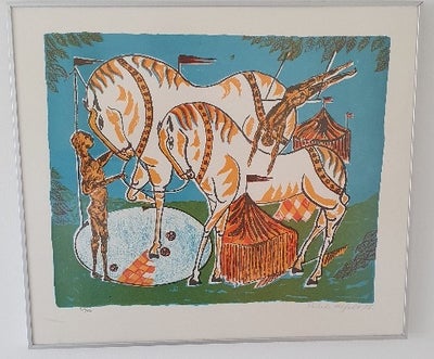 Litografi, Vibeke Alfeldt (1934-1999), motiv: Heste ved cirkus, b: 45 h: 52, Komposition, litografi 