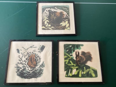 Billede i ramme, motiv: Egern , b: 27 h: 27, 3 stk egern-malerier i ramme. Minder lidt om Sikker Han
