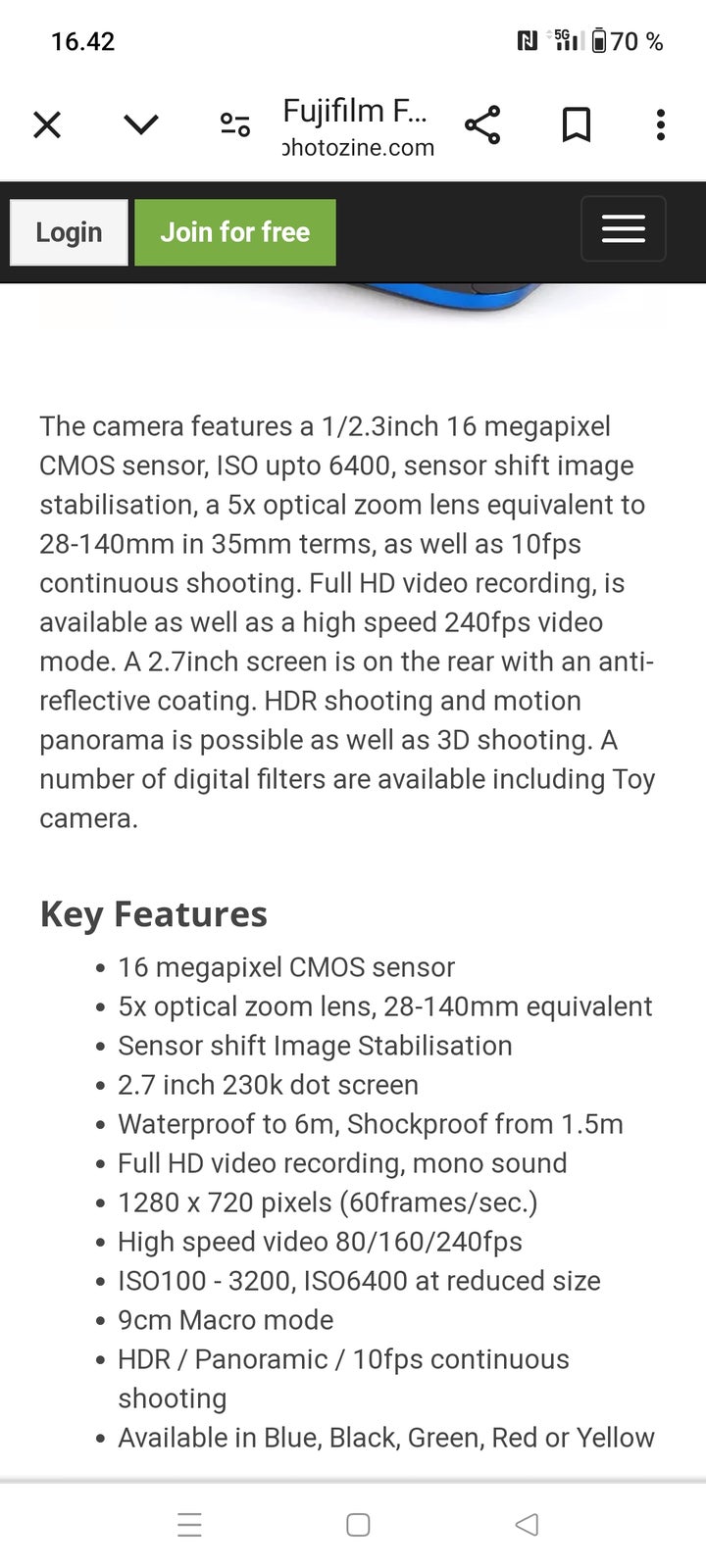 Fujifilm, XP60, 16.0 megapixels