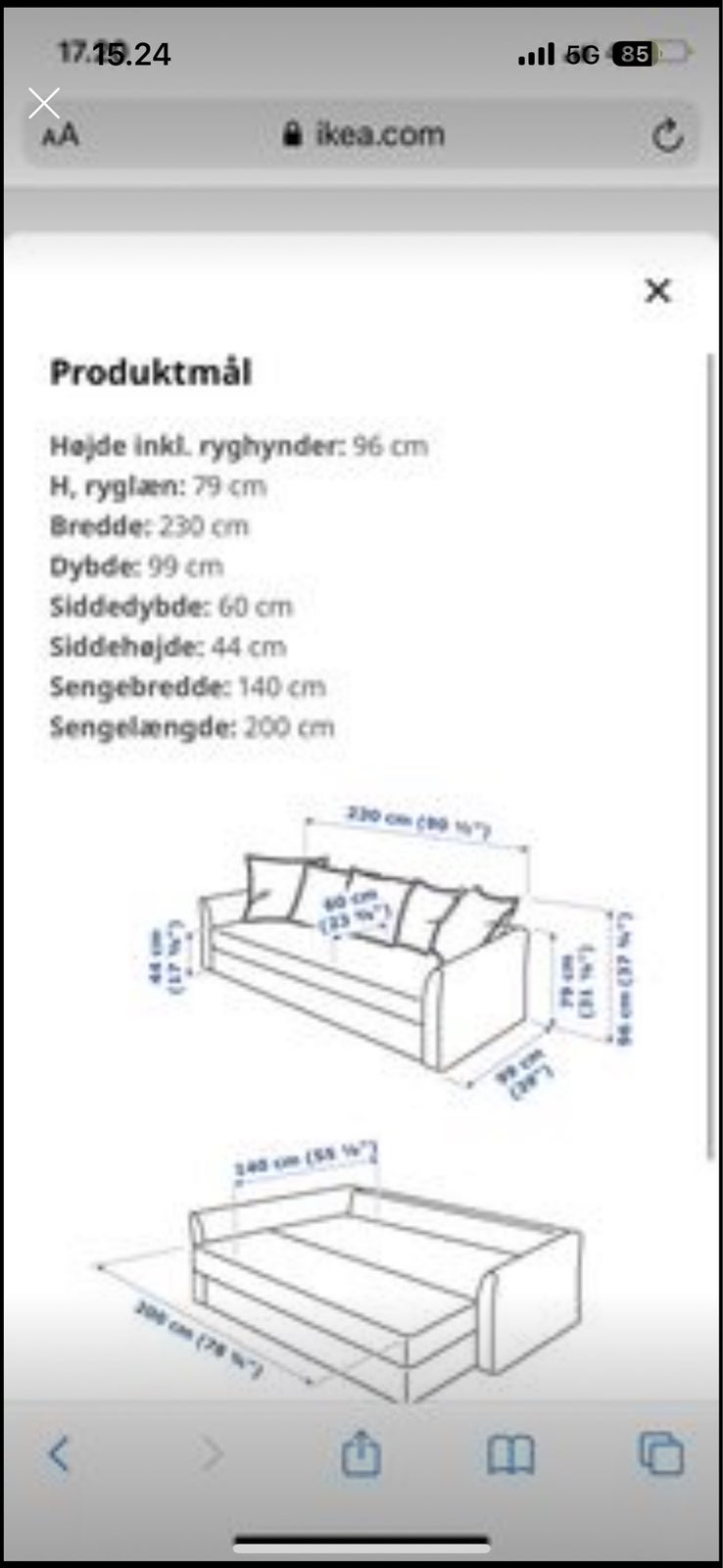 Sovesofa, Ikea Holmsund, b: 100 l: 230 h: 140
