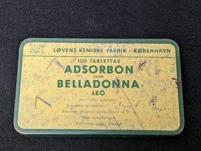 Dåser, Vintage Adsorbon dåse fra Leo, Fin gammel pilleæske i metal, Adsorbon cum Belladona 100 table