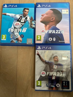 FIFA 23, FIFA 22 og FIFA 19, PS4, Sælger alle 3 spil samlet. Er testet og virker godt