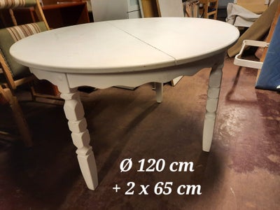 Spisebord, eg, b: 120 l: 120, Oprindeligt syret egetræs bord rundt Ø 120 cm
Udtræk til 2 plader a' h