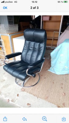 Hvilestol, skind, Stressless, Sort retro stressless stol med krom stel. Har patina 
Står i Ulstrup 