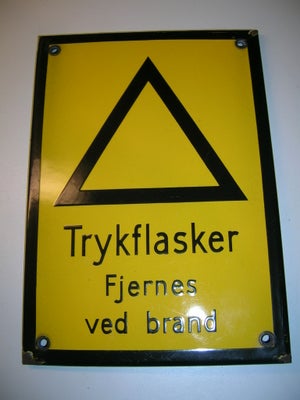 Skilte, Emaljeskilt, Emaljeskilt "TRYKFLASKER FJERNES VED BRAND"
Bredde 21cm
Højde 30cm