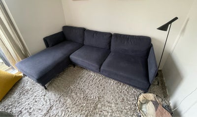 Sofa, stof, 3 pers., Sofa med chaiselong venstrevendt (set forfra) i mørkeblå.

Bredde: 260
Længde (