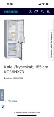 Køle/fryseskab, Siemens Kg36nx73/28, b: 60 d: 60 h: 185, Fungere perfekt og sælges da vi skal have n