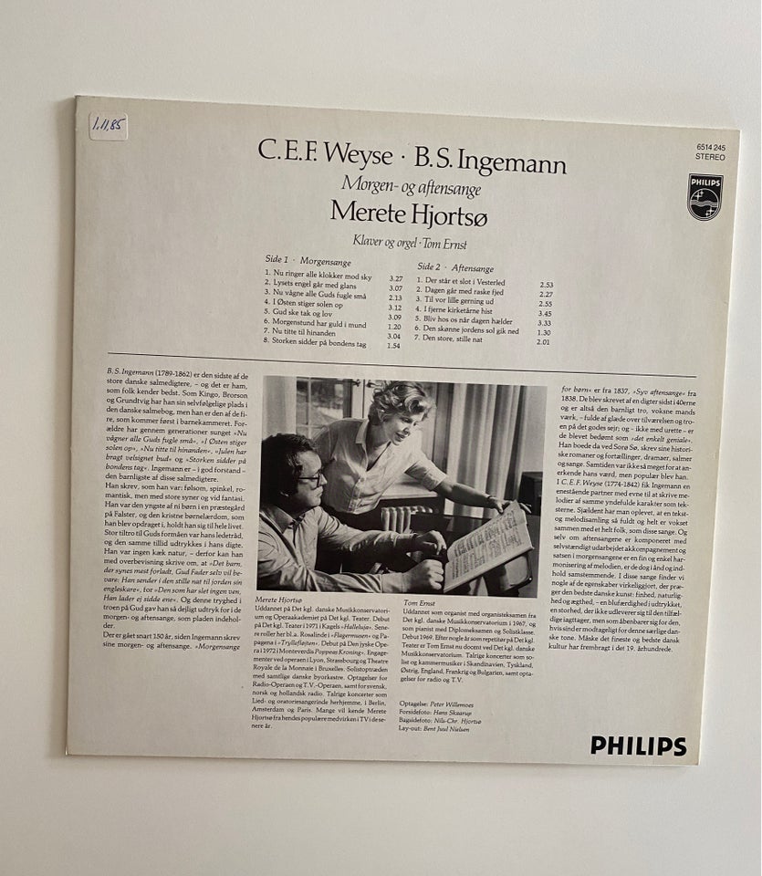 LP, Merete Hjortsø / Tom Ernst, Weyse : Morgen- & aftensange