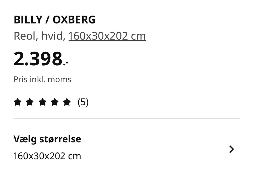 Reol, IKEA Billy oxberg, b: 160 d: 30 h: 202