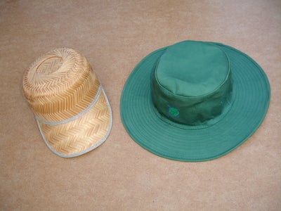Hat, Kasket eller  hat
Pris: 30 kr./stk.

Flettet bast kasket, ca. str. 60 cm.
Grøn hat, Beechfield,