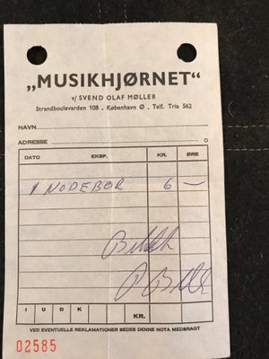 Autografer, Peter Belli, Autograf fra start-tresserne på regning fra en musikbutik, hvor Peter Belli