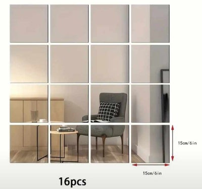 Anden type spejl, b: 15 h: 15, 54 x 15 X 15 CM 
Selvklæbende kvadratiske spejle, sølvfarvet blød akr