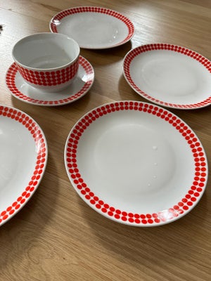 Porcelæn, Tallerken, 4 x retro frokosttallerkener og 1 skål med underskål i popart stil fra TK Thun 