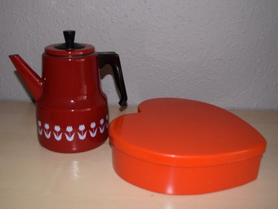 Emalje, Kaffekande, kagedåse, 1 stk. Mega retro emalje kaffekande med låg - rød emalje med hvidt møn