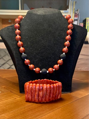 Halskæde, perler, Ægte koralkæde med lavakugler og ferskvandsperler, 51 cm ægte koralkæde med store 