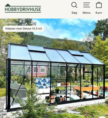 Drivhus, Helt nyt drivhus i sort med glas og polycarbonat i taget. 12.5 kvm. 
