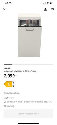 IKEA,  Integreret, b: 45, Helt ny og kun pakket ud, sælges med låge, greb og drypbakke, 3000kr