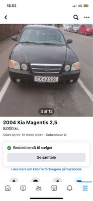 Kia Magentis, 2,5 V6 SE aut., Benzin, 2004, km 268, sort, nysynet, 4-dørs, 7 mdr syn 
Starter og kør