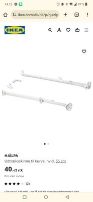 Ikea udtrækningsskinner, Ikea, Udtræksskinne til kurve, hvid, 55 cm
Aldrig brugt. 
103.311.94
Afhent