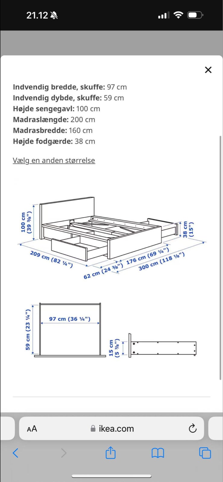 Sengeramme, IKEA, b: 176 l: 209 h: 100