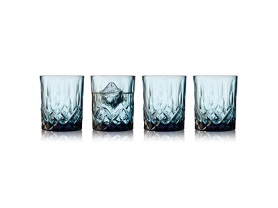Glas, Glas, Lyngby Glas, 4 stk. whiskyglas, 32 cl, i blå glas. Det smukke design med flotte facetter