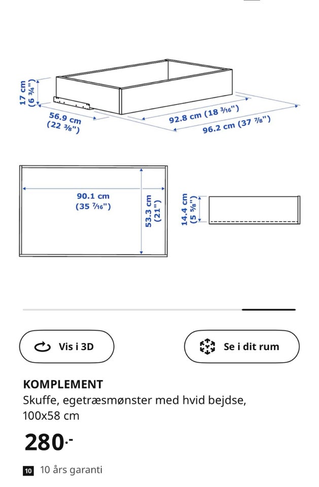 Tilbehør til skabe, Ikea komplement, b: 100 d: 58