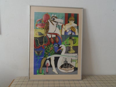 Plakat, F.O., motiv: Abstrakt kunst af hest, svane, dame mv., b: 51 h: 72, Farverig interessant fest