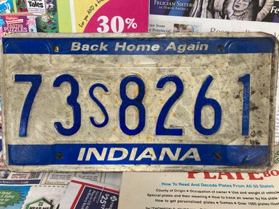 Skilte, Amerikansk nummerplade, Indiana, back Home again (Louis Armstrong) ældre plade, kan gøres re