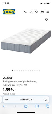 Enkeltseng, Ikea, Ikea seng med madras.Blev brugt 2 år.I hod tilstand.Ny pris 3200