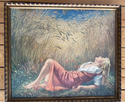 Billede, motiv: Pige i kornmark, b: 65,5 h: 56, Rigtig fint retro / vintage billede  i original guld