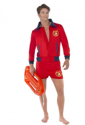 Bay watch kostume med paryk, Lækkert baywatch kostume med livrednings boje og David Hasselhoff paryk
