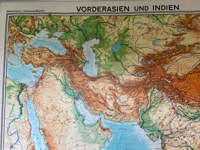 Skolekort, landkort, motiv: Vorderasien und Indien, b: 2 m h: 1.6 m, Flot gammelt skolekort i fin st