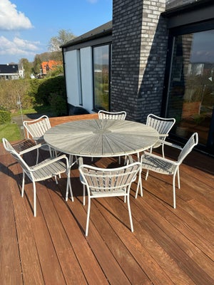 Havemøbelsæt, Kerteminde, Teak/stål, 150 cm diameter med 6 stole inklusive hynder i grå. Meget pænt 