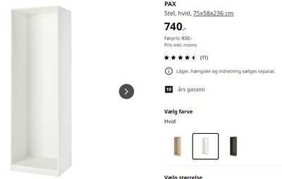Klædeskab, Ikea PAX, b: 75 d: 58 h: 236, Sælger det dybe og høje PAX-stel i bredden 75 cm.

Skabet h
