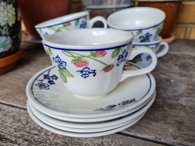 Porcelæn, 5 par kaffe kopper med underkop, Churchill England, 
sødt motiv med frugt og blomster - er