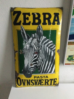Skilte, Skilt, Emaljeskilt Zebra Ovnsværte 63x37 cm.Byttes gerne med slidt Fisk Autogummi——Cirkelkaf