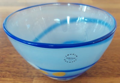 Glas, Fin blå skål, Søholm, Smuk Moeslund design glas skål fra Søholm i flotte blå farver med gule p