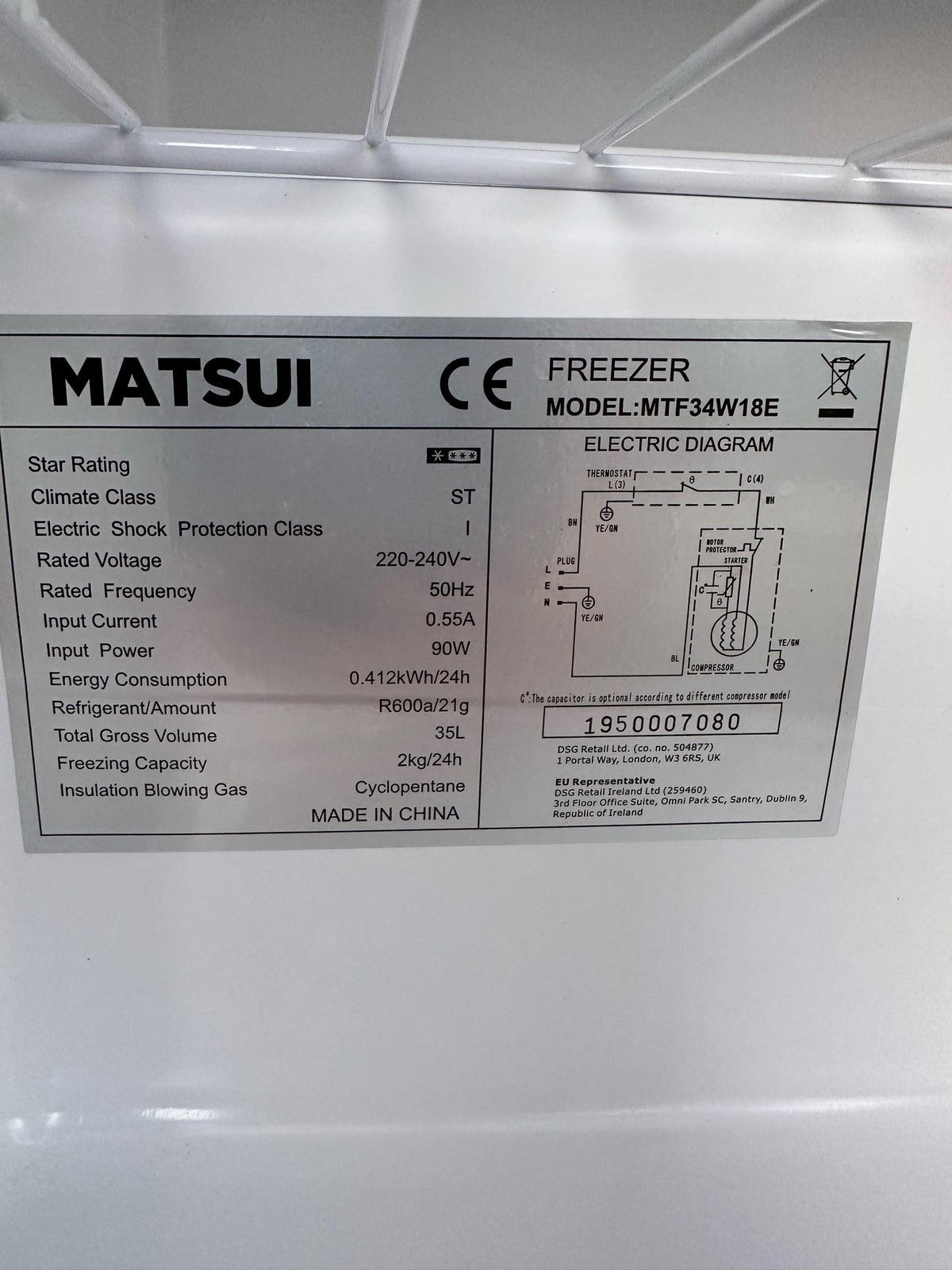 Fryseskab, Matsui MTF34W18E, 33 liter