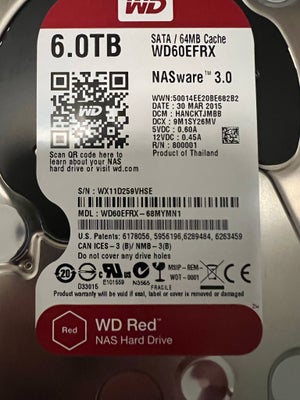 Western Digital, 6000 GB, Perfekt, Super diske - har 2 stk. af disse  WD60EFRX - WD Red. Kapaciteten