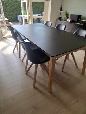 Spisebord m/stole, Laminat/træ, b: 100 l: 200, Spisebord i mat sort laminat, med træben. Inklusiv 6 